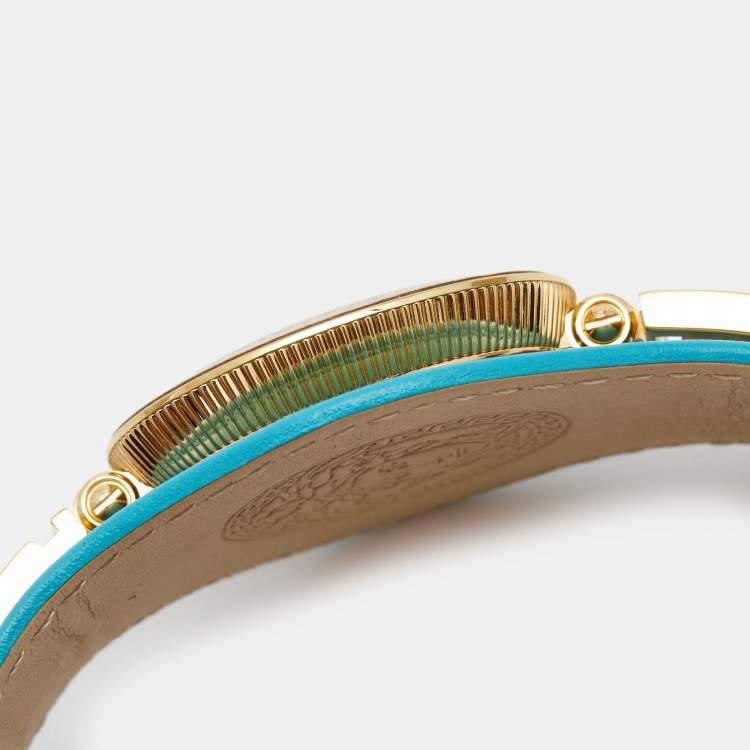 Pre Owned Versace Aqua Blue Rose Gold Plated Stainless Steel Leather V Signature VLA080014 Women's Wristwatch 35 mm