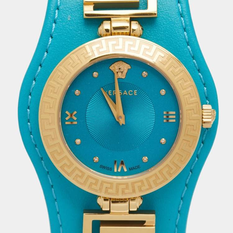 Pre Owned Versace Aqua Blue Rose Gold Plated Stainless Steel Leather V Signature VLA080014 Women's Wristwatch 35 mm