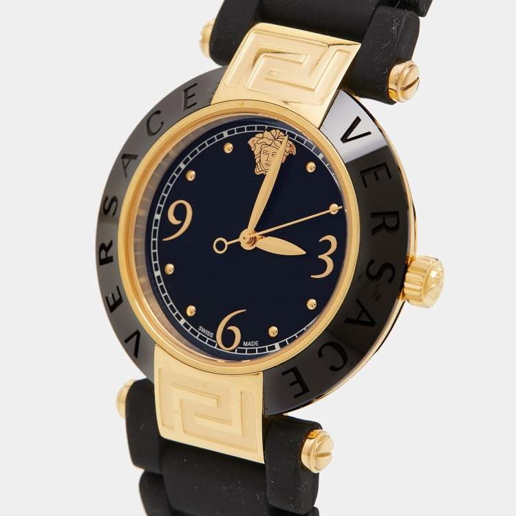 Pre Owned Versace Black Ceramic Gold Plated Steel Silicon Rubber Reve 92Q Women's Wristwatch 35 mm