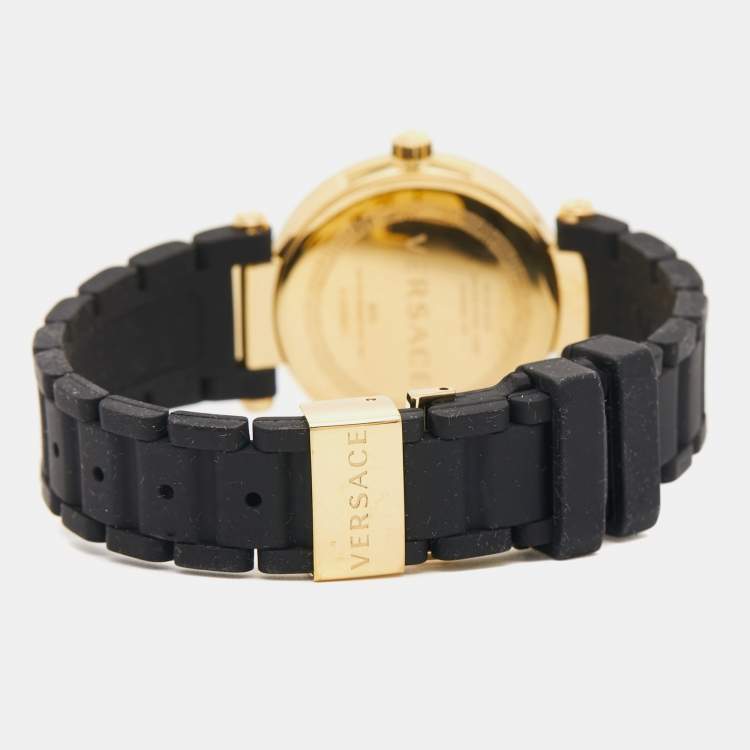 Pre Owned Versace Black Ceramic Gold Plated Steel Silicon Rubber Reve 92Q Women's Wristwatch 35 mm