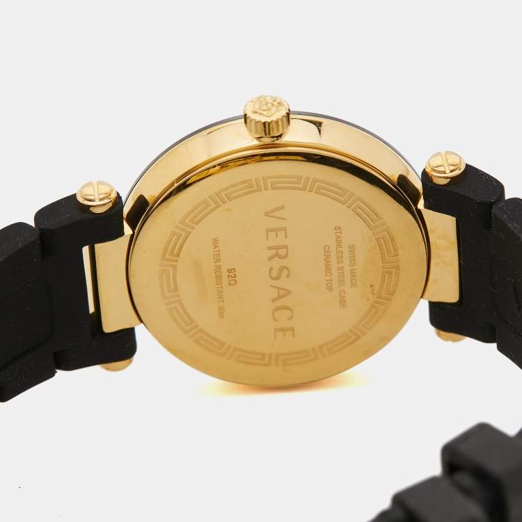 Pre Owned Versace Black Ceramic Gold Plated Steel Silicon Rubber Reve 92Q Women's Wristwatch 35 mm