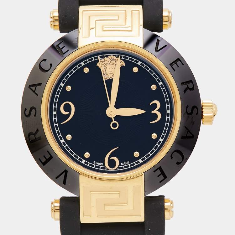 Pre Owned Versace Black Ceramic Gold Plated Steel Silicon Rubber Reve 92Q Women's Wristwatch 35 mm