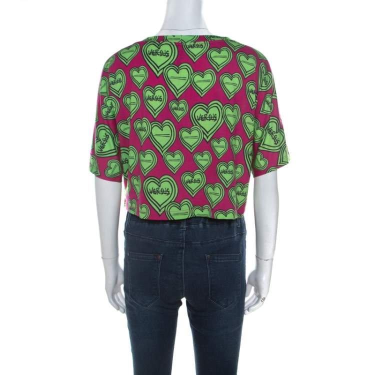 Pre Owned Versus Versace Pink and Green Heart Printed Jersey Crop Top M 