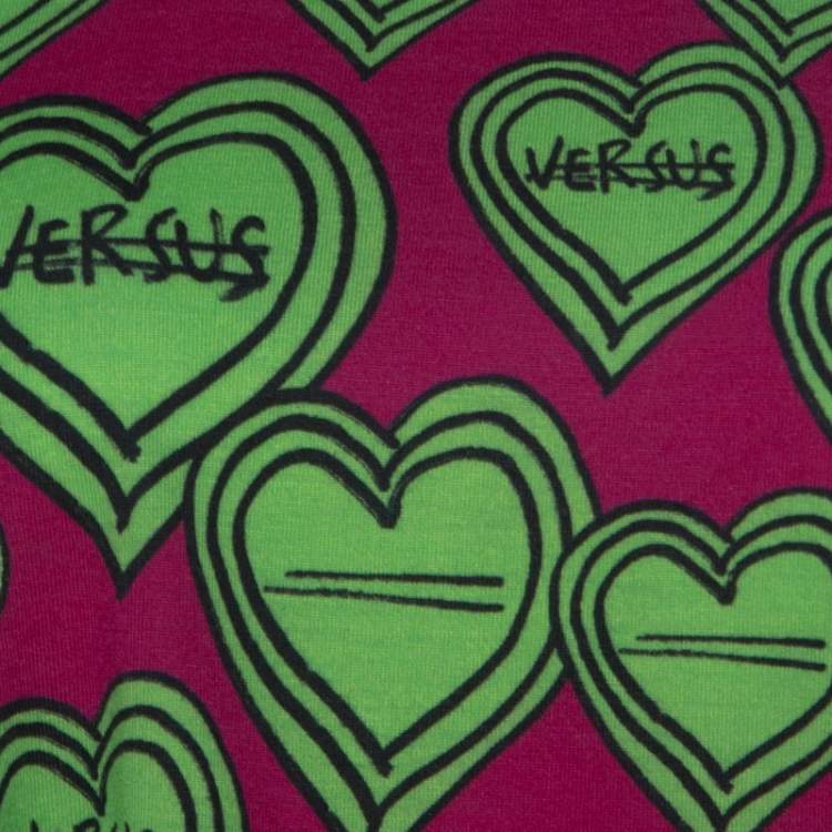 Pre Owned Versus Versace Pink and Green Heart Printed Jersey Crop Top M 