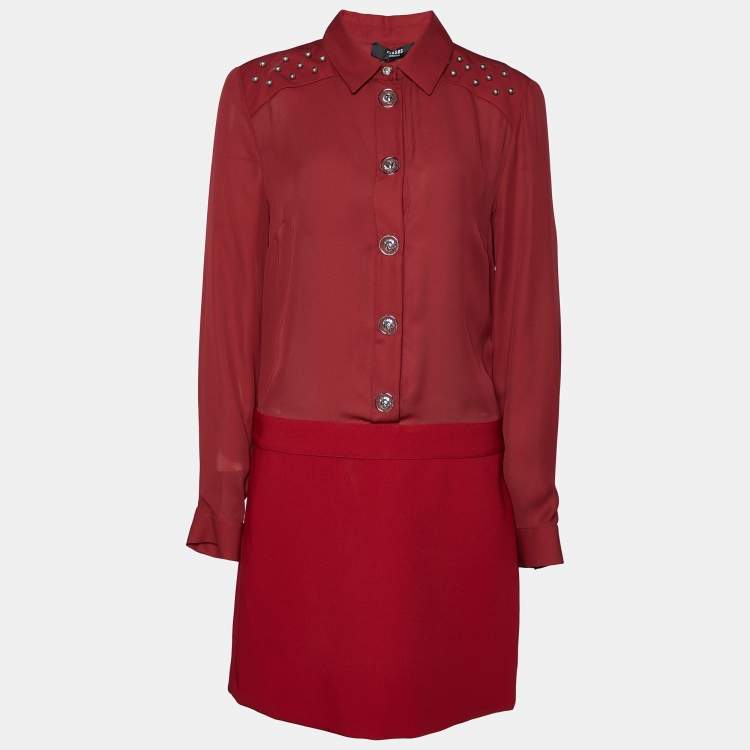 Pre Owned Versus Versace Burgundy Chiffon & Crepe Button Front Mini Dress M
