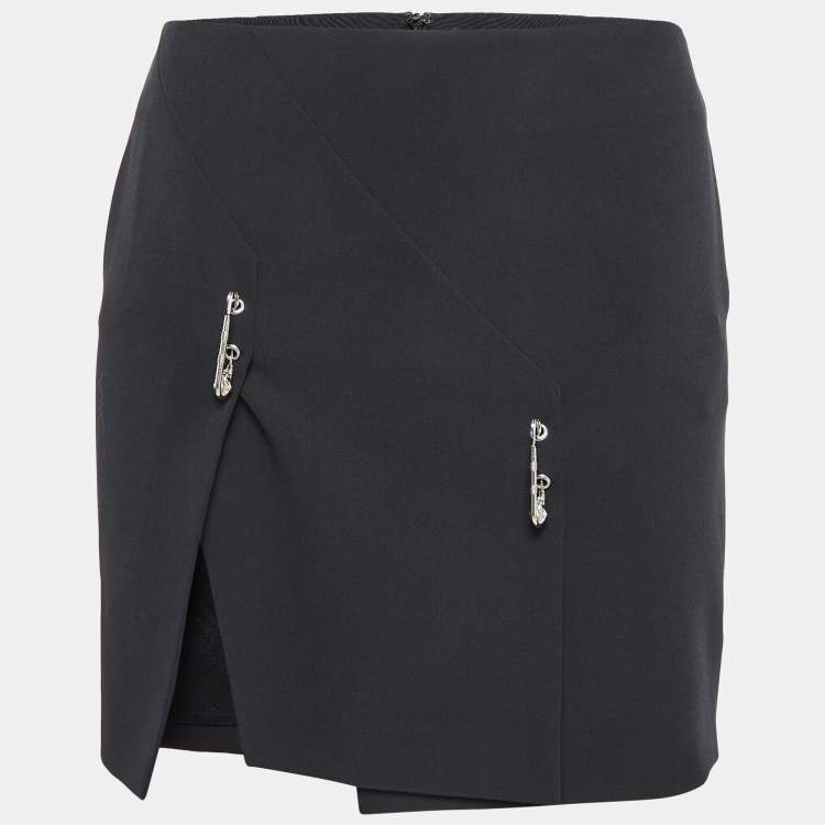 Pre Owned Versus Versace Black Crepe Logo Safety Pin Mini Skirt S