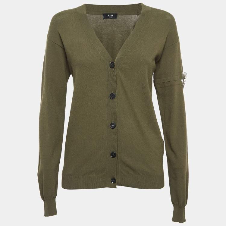 Pre Owned Versus Versace Green Jersey Pin Detailed Cardigan M