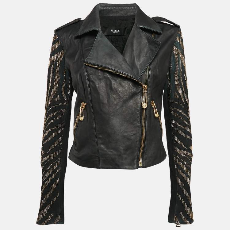 Pre Owned Versus Versace Embellished Leather Zip-Up Jacket M