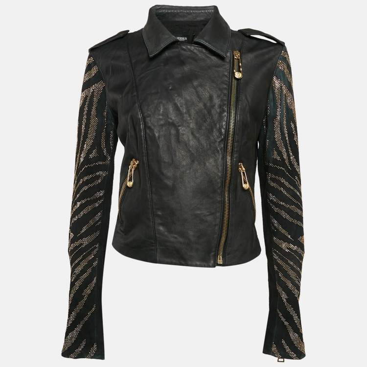 Pre Owned Versus Versace Embellished Leather Zip-Up Jacket M