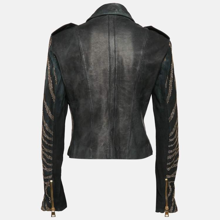 Pre Owned Versus Versace Embellished Leather Zip-Up Jacket M