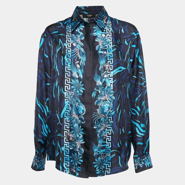 Pre Owned Versus Versace Black/Blue Baroque Print Silk Shirt L