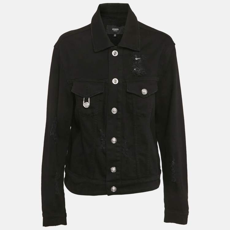 Pre Owned Versus Versace Black Distressed Denim Button Detail Jacket L