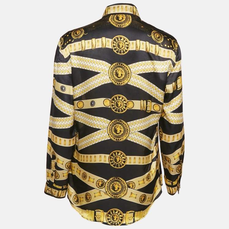 Pre Owned Versus Versace Black/Yellow Baroque Print Satin Silk Shirt M