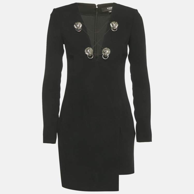 Pre Owned Versus Versace Black Crepe Logo Metal Detail Mini Dress S
