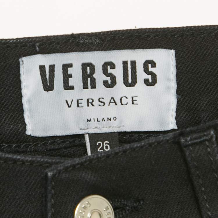 Pre Owned Versus Versace Black Denim Metal Detail Rip Jeans S/Waist 26"