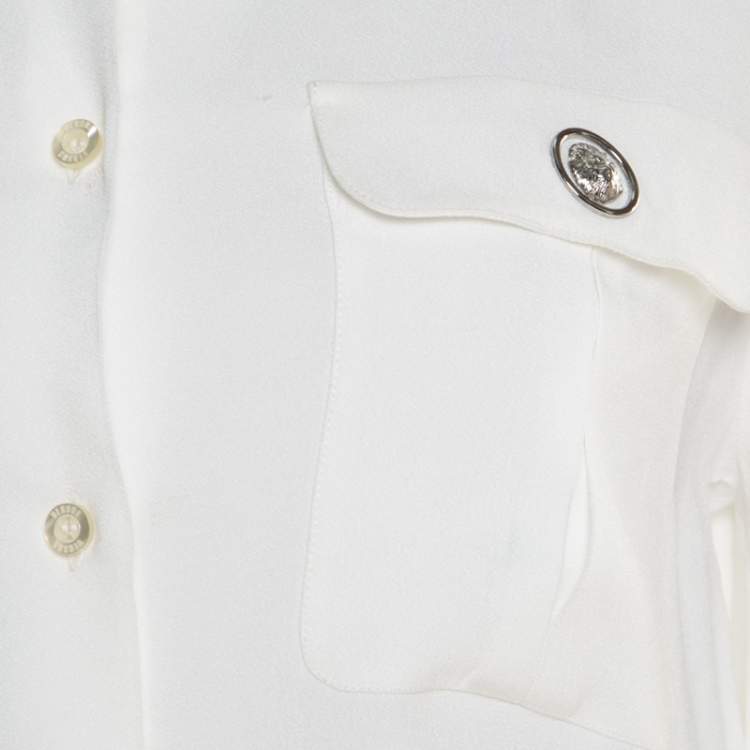 Pre Owned Versus Versace White Crepe Medusa Button Detail Long Sleeve Blouse M