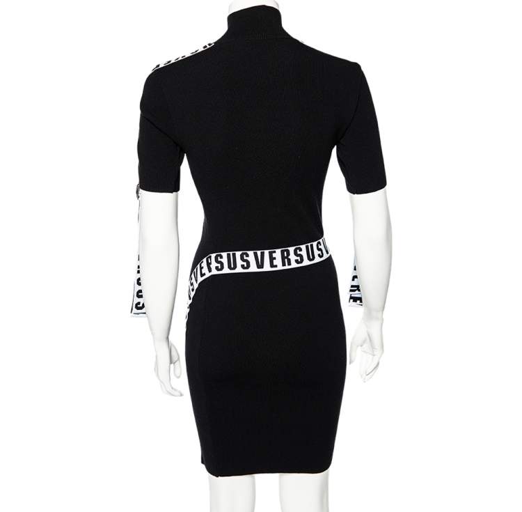 Pre Owned Versus Versace Black Rib Knit Logo Band Detail High Neck Bodycon Dress M
