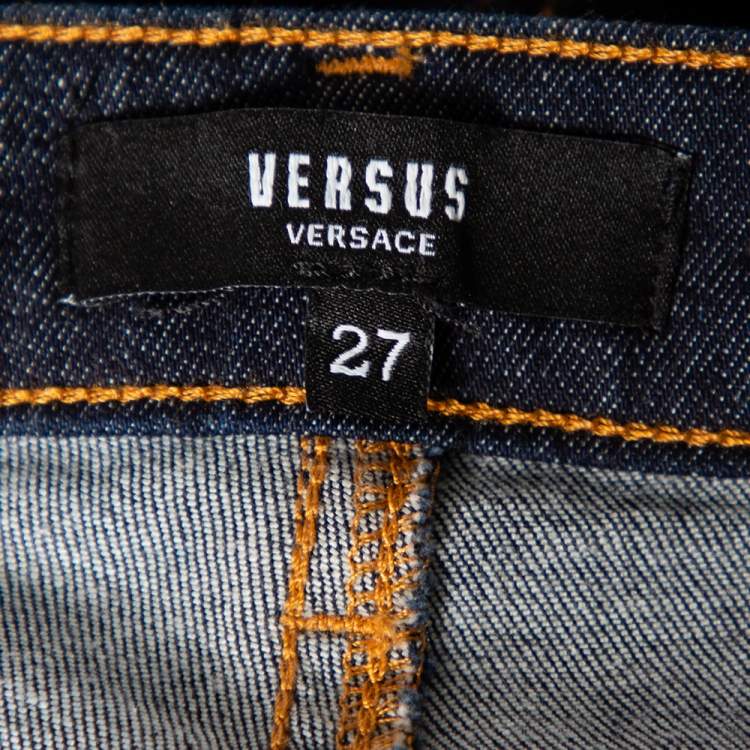 Pre Owned Versus Versace Navy Blue Denim Lion Head Pin Detail Skinny Jeans XS