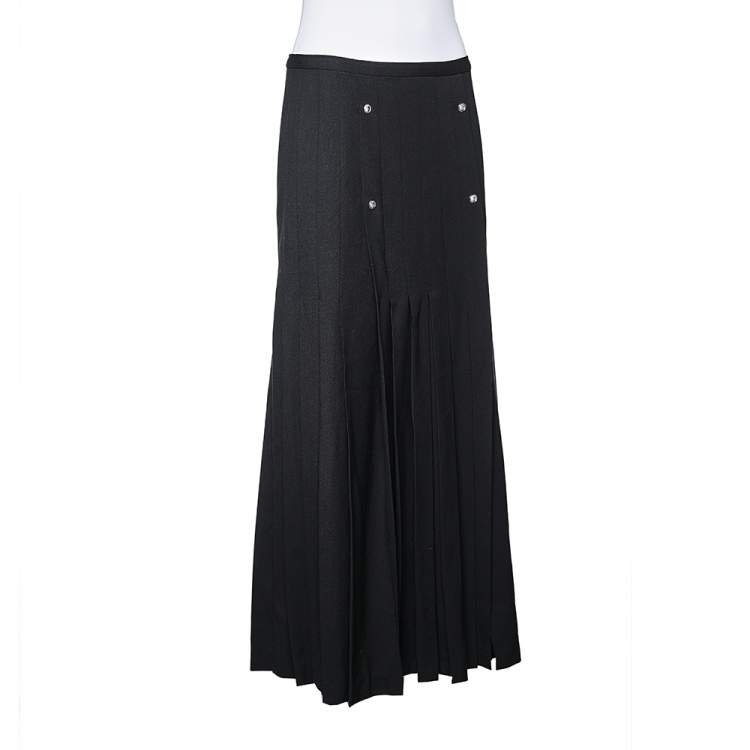 Pre Owned Versus Versace Black Crepe Button Detail Pleated Maxi Skirt M