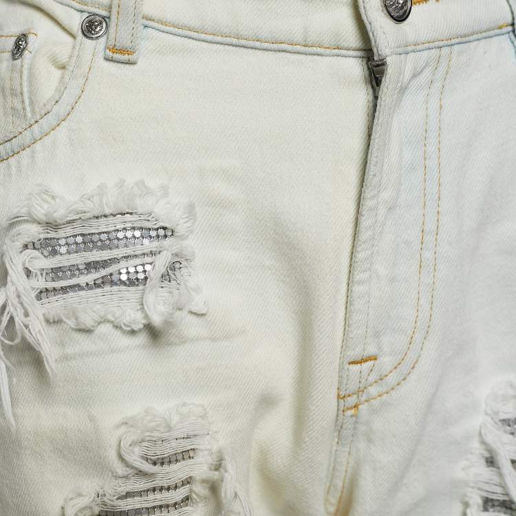 Pre Owned Versus Versace Cream Denim Distressed Jeans M