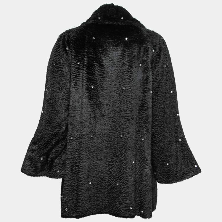 Pre Owned Versus Versace Vintage Black Rhinestone-Embellished Faux Fur Coat S