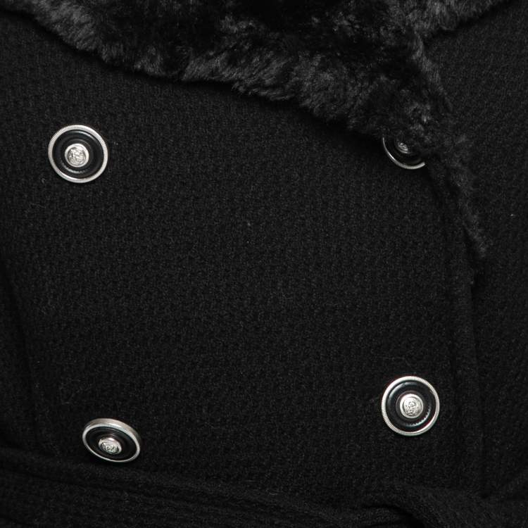 Pre Owned Versus Versace Vintage Black Faux-Fur Collar Wool Belted Coat S