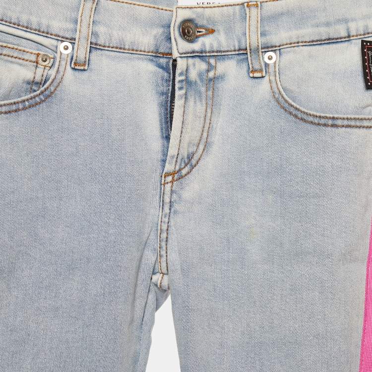 Pre Owned Versus Versace Blue Denim Logo Printed Side Strip Detail Slim Fit Jeans S Waist 28"