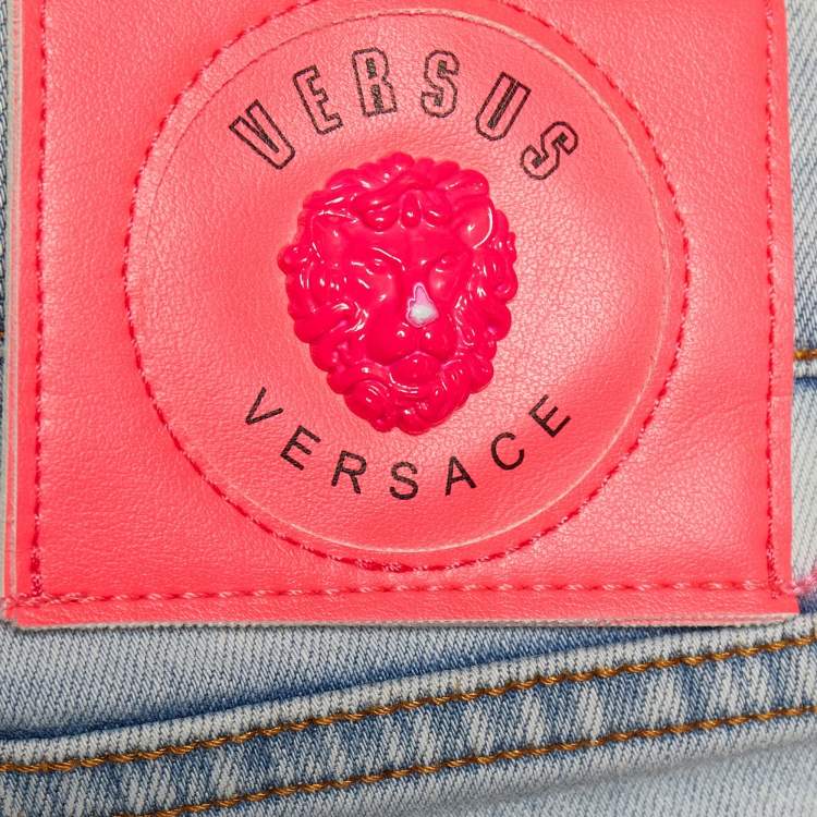 Pre Owned Versus Versace Blue Denim Logo Printed Side Strip Detail Slim Fit Jeans S Waist 28"