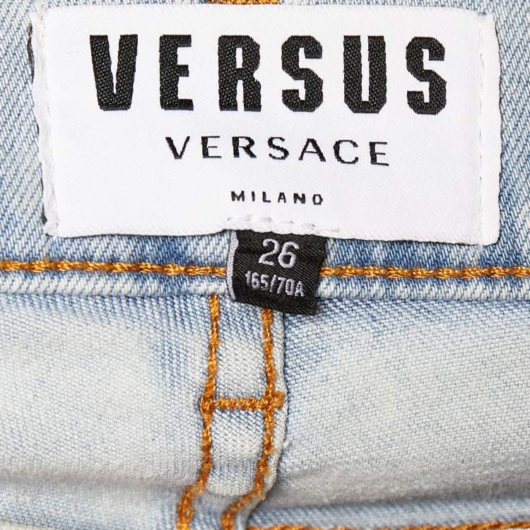 Pre Owned Versus Versace Blue Denim Logo Printed Side Strip Detail Slim Fit Jeans S Waist 28"