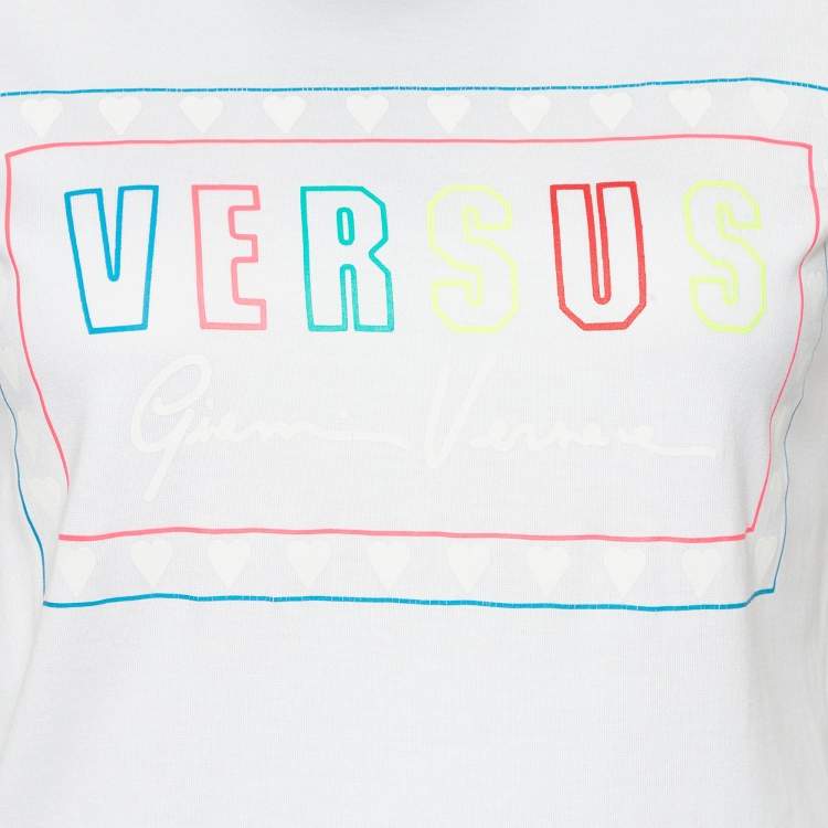 Pre Owned Versus Versace White Contrast Logo Tape Detail Cotton Knit T-Shirt S