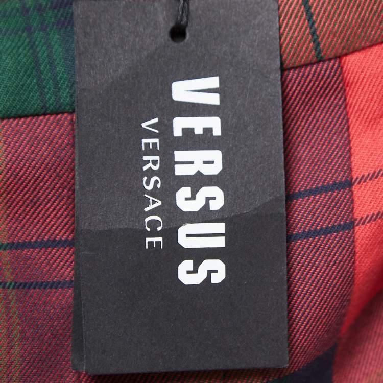 Pre Owned Versus Versace Red Plaid Cotton Asymmetrical Pleated Mini Skirt M