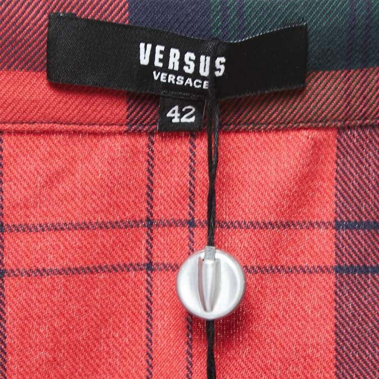 Pre Owned Versus Versace Red Plaid Cotton Asymmetrical Pleated Mini Skirt M