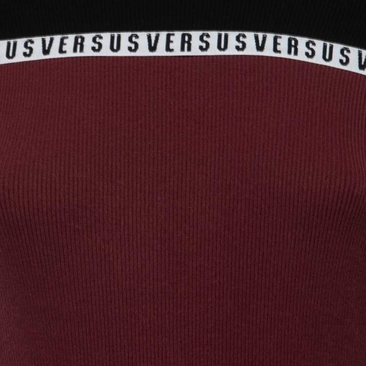 Pre Owned Versus Versace Black/Burgundy Ribbed Knit Logo Tape Bodycon Dress M