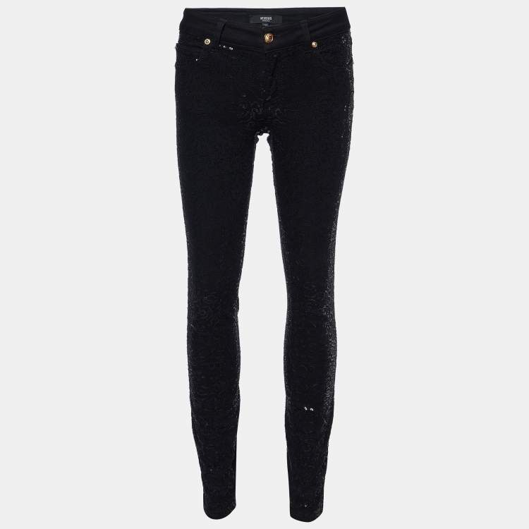 Pre Owned Versus Versace Black Sequined Denim Skinny Jeans S/Waist 28"