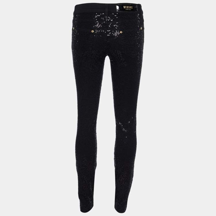 Pre Owned Versus Versace Black Sequined Denim Skinny Jeans S/Waist 28"