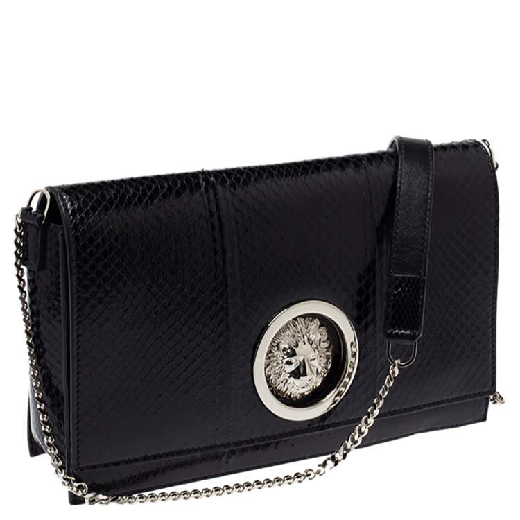 Pre Owned Versus Versace Black Python Effect Leather Chain Shoulder Bag
