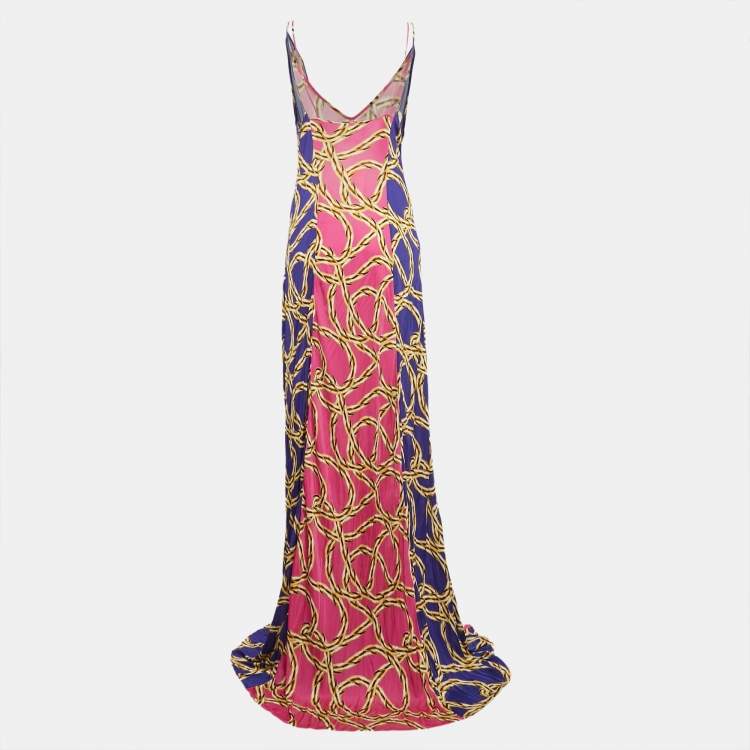 Pre Owned Vetements Pink/Blue Chain Print Jersey Strappy Maxi Dress L