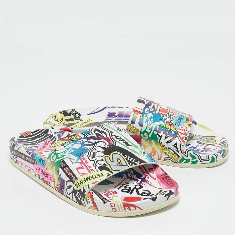 Pre Owned Vetements Multicolor Leather Sticker Pool Slide Flats Size 36