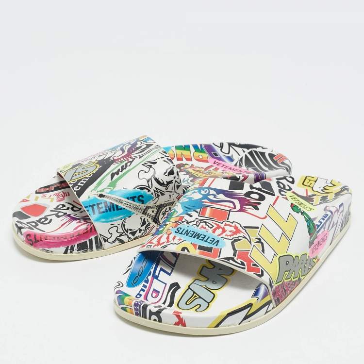 Pre Owned Vetements Multicolor Leather Sticker Pool Slide Flats Size 36