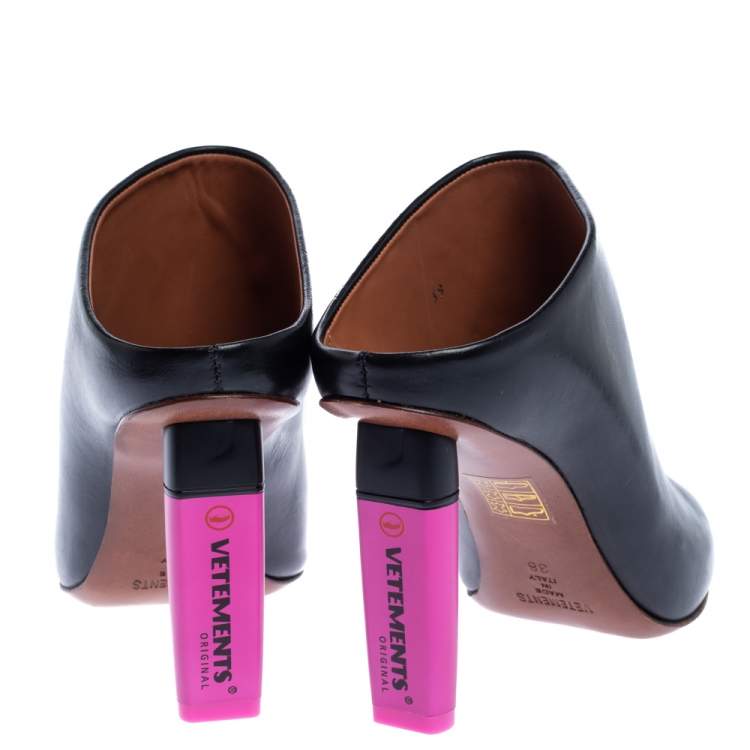 Pre Owned Vetements Black/Pink Leather Gypsy Highlighter Heel Mule Size 38