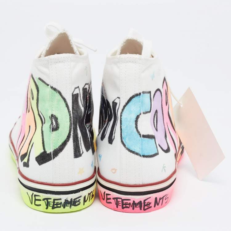 Pre Owned Vetements White Canvas Printed Hard Core Happiness High Top Sneakers Size 41