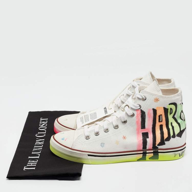 Pre Owned Vetements White Canvas Printed Hard Core Happiness High Top Sneakers Size 39