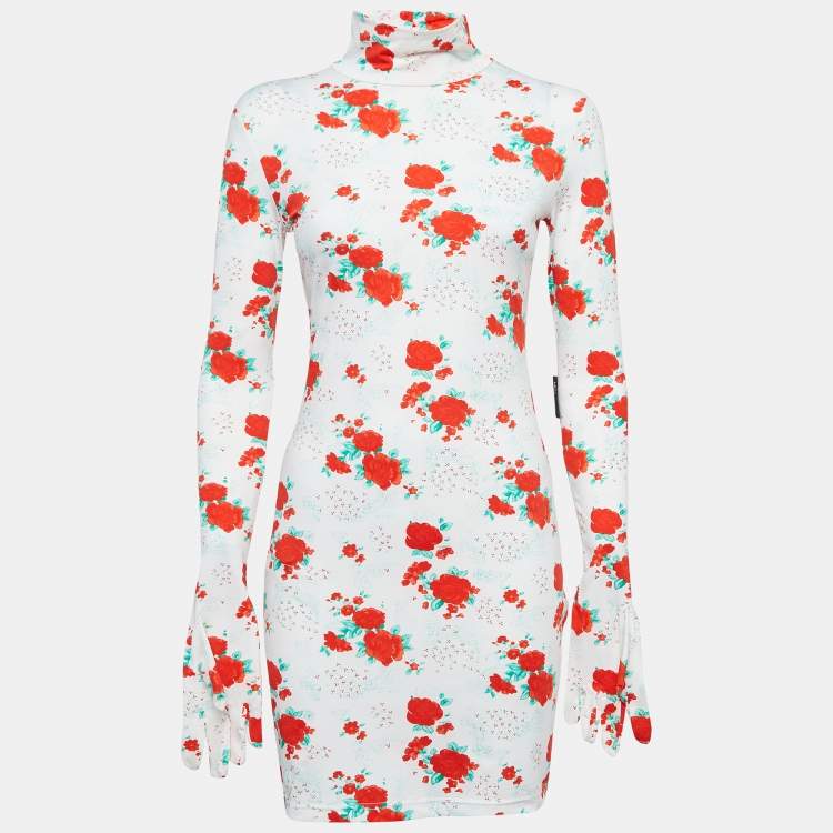 Pre Owned Vetements White Floral Print Jersey Bodycon Mini Dress With Golves M