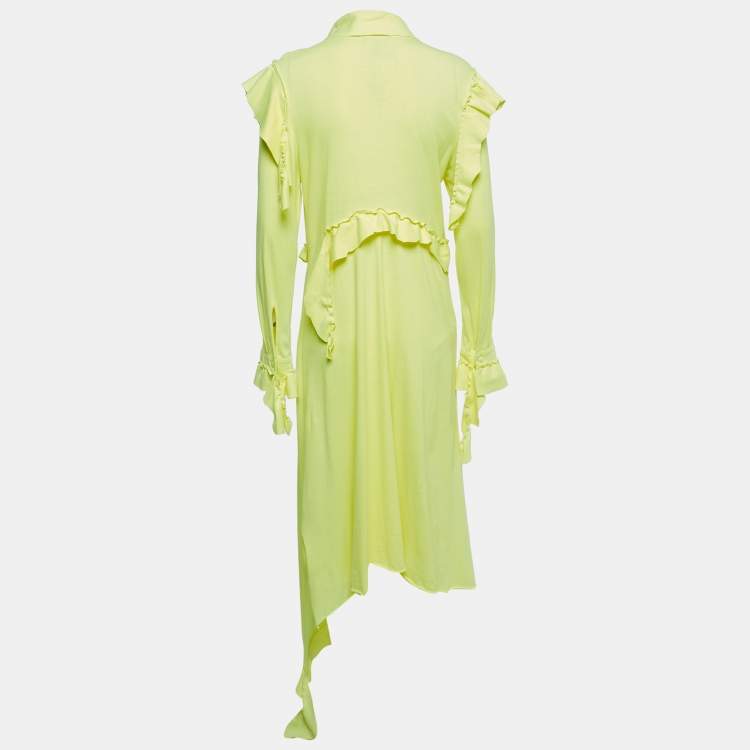 Vetements Neon Yellow Cotton Knit Full Sleeve Ruffled Asymmetrical Midi Dress M Vetements TLC