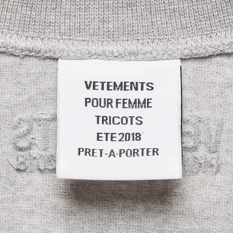 Pre Owned Vetements Grey Printed Cotton Side Slit Detail T-Shirt M