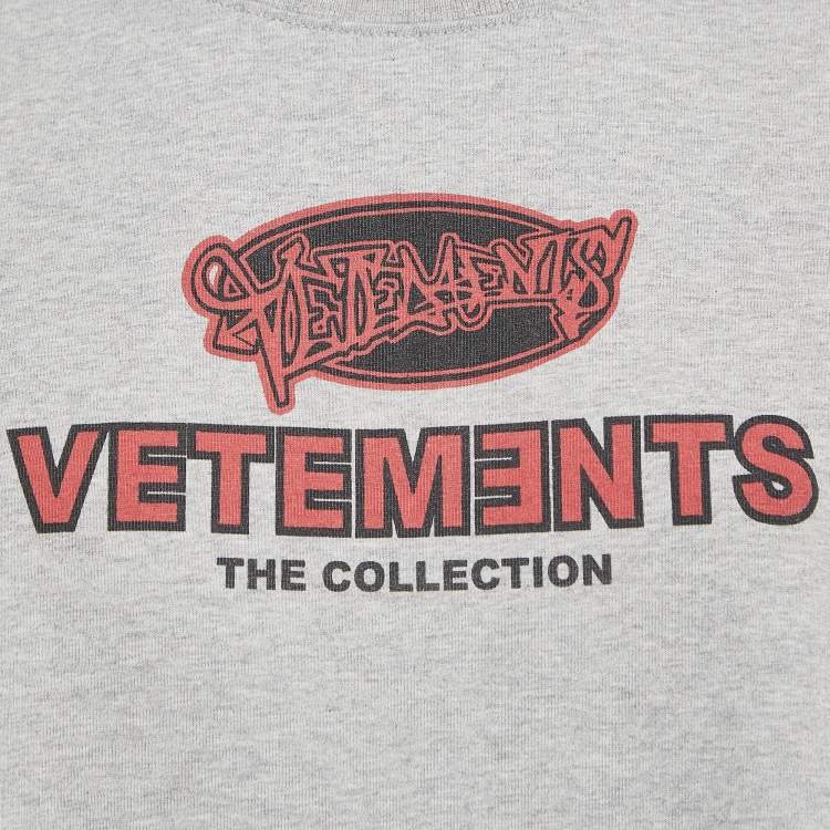 Pre Owned Vetements Grey Printed Cotton Side Slit Detail T-Shirt M