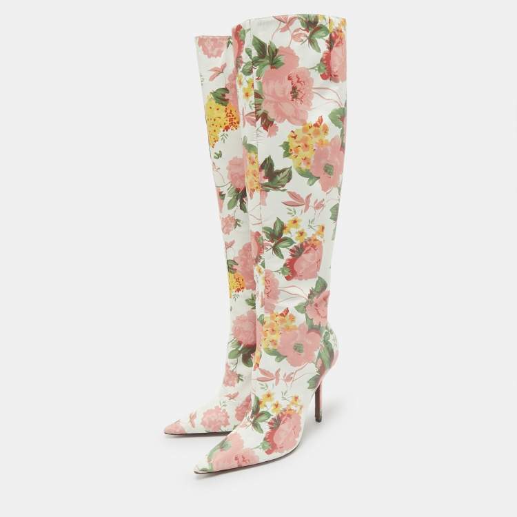 Pre Owned Vetements Multicolor Floral Print Paper Mache Knee Length Boots Size 39