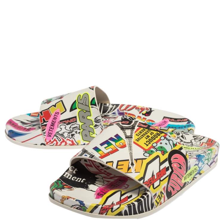 Pre Owned Vetements White/Multicolor Leather Sticker Slippers Size 39