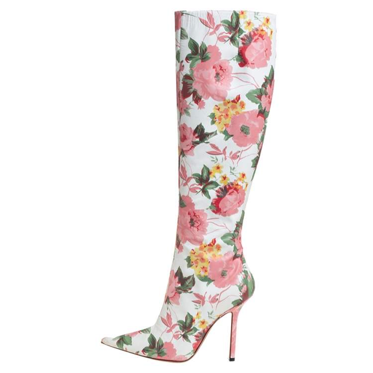 Pre Owned Vetements Multicolor Floral Print Leather Over The Knee Boots Size 38