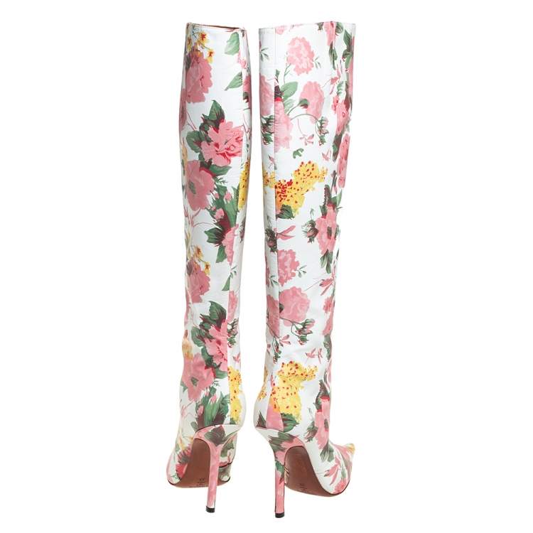Pre Owned Vetements Multicolor Floral Print Leather Over The Knee Boots Size 38